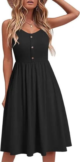 Button Front Midi Dress for Women Sleeveless Spaghetti Strap A Line Casual Summer Sundress Comfy Fit Everyday Style
