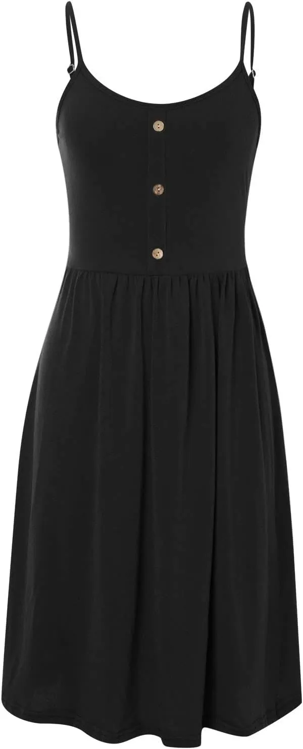 Button Front Midi Dress for Women Sleeveless Spaghetti Strap A Line Casual Summer Sundress Comfy Fit Everyday Style