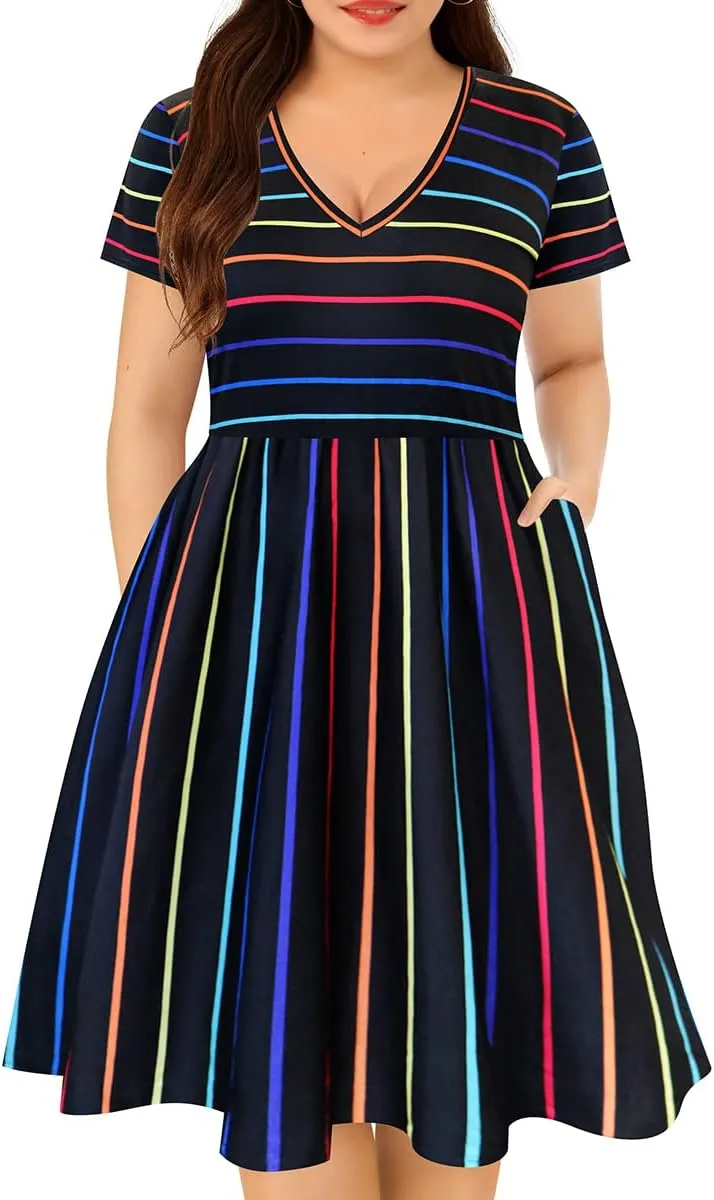 CARCOS Plus Size Dresses for Curvy Women V Neck Short Sleeve Dresses Floral/Striped Summer Boho Dresses with Pocket XL-5XL