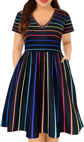 CARCOS Plus Size Dresses for Curvy Women V Neck Short Sleeve Dresses Floral/Striped Summer Boho Dresses with Pocket XL-5XL