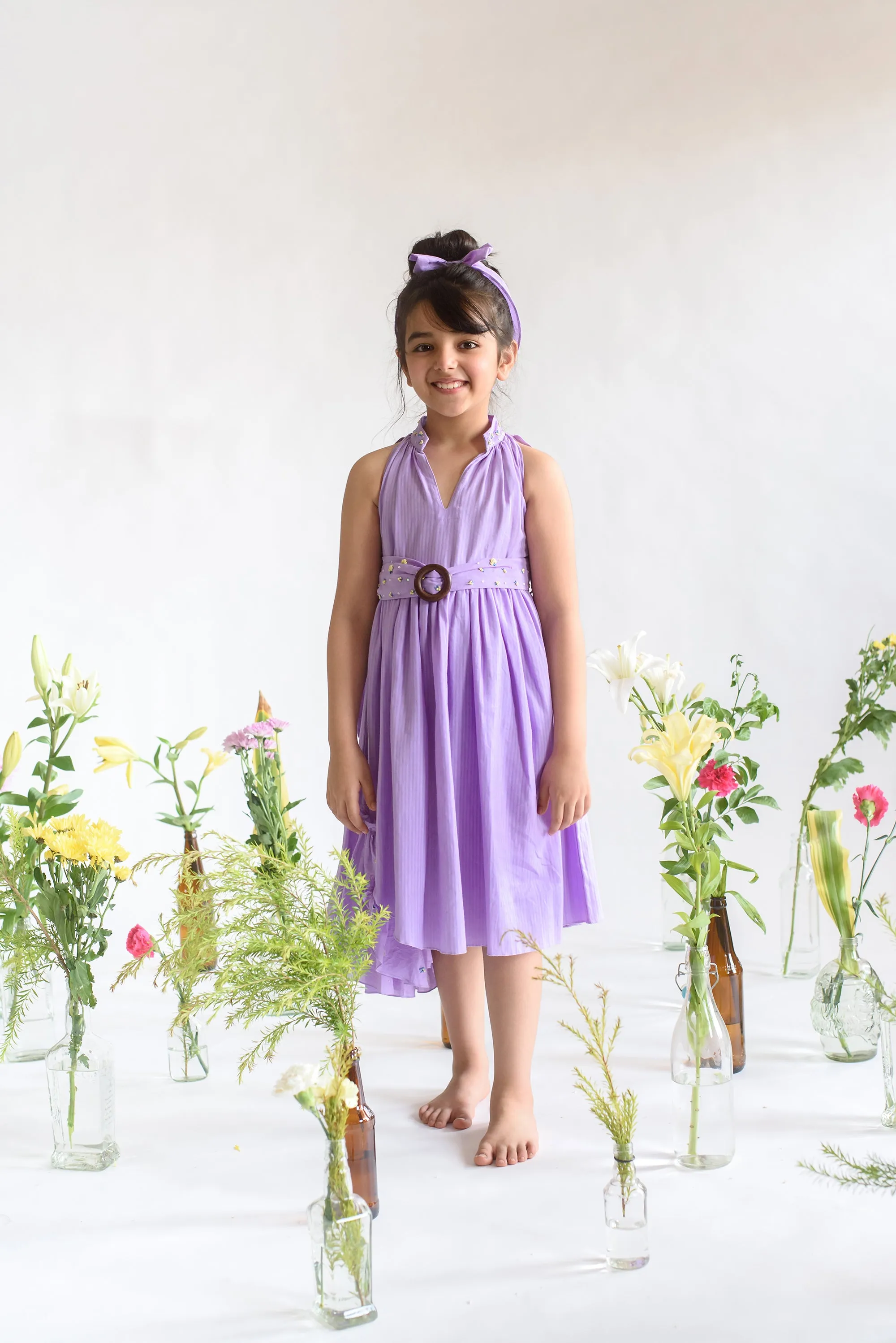 Dilly Frond- Organic Cotton Dress With Embroidered Belt For Girls