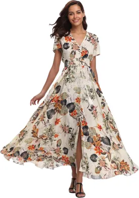 Ferrendo Women's Floral Maxi Dress Button Up Split Flowy Bohemian Party Beach Dresses Ferrendo Women's Floral Maxi Dress Button Up Split Flowy Bohemian Party Beach Dresses