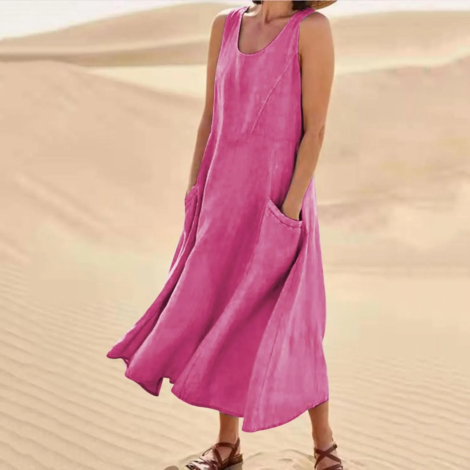 FZYLQY Cotton Linen Maxi Dress for Women 2025 Summer Boho Casual Beach Dresses Sleeveless Solid Long Dress Vacation Outfits