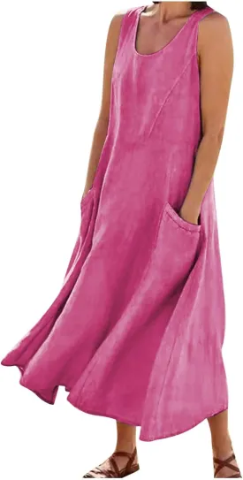 FZYLQY Cotton Linen Maxi Dress for Women 2025 Summer Boho Casual Beach Dresses Sleeveless Solid Long Dress Vacation Outfits