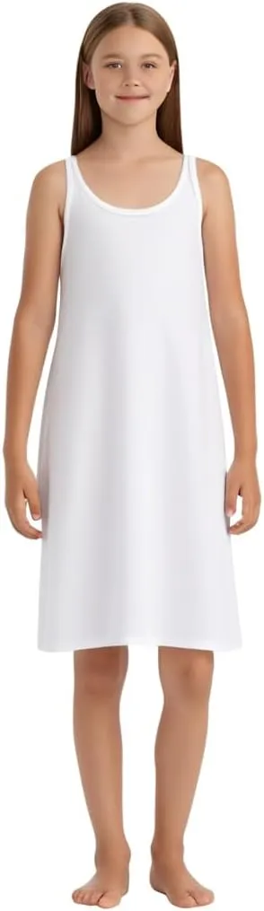 Girls White Simple Princess Style Tea or Knee Length Nylon Slip with Adjustable Straps (Size 4-16)
