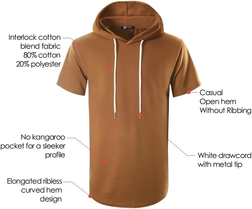 GIVON Men's Short Sleeve Pullover Hoodie Hipster Longline Hooded Shirt Lightweight Cotton Blend Casual Streetwear