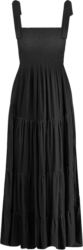 Gothden Summer Boho Midi Dress for Women's Square Neck Ruffle Tiered Flowy Smocked Sundress