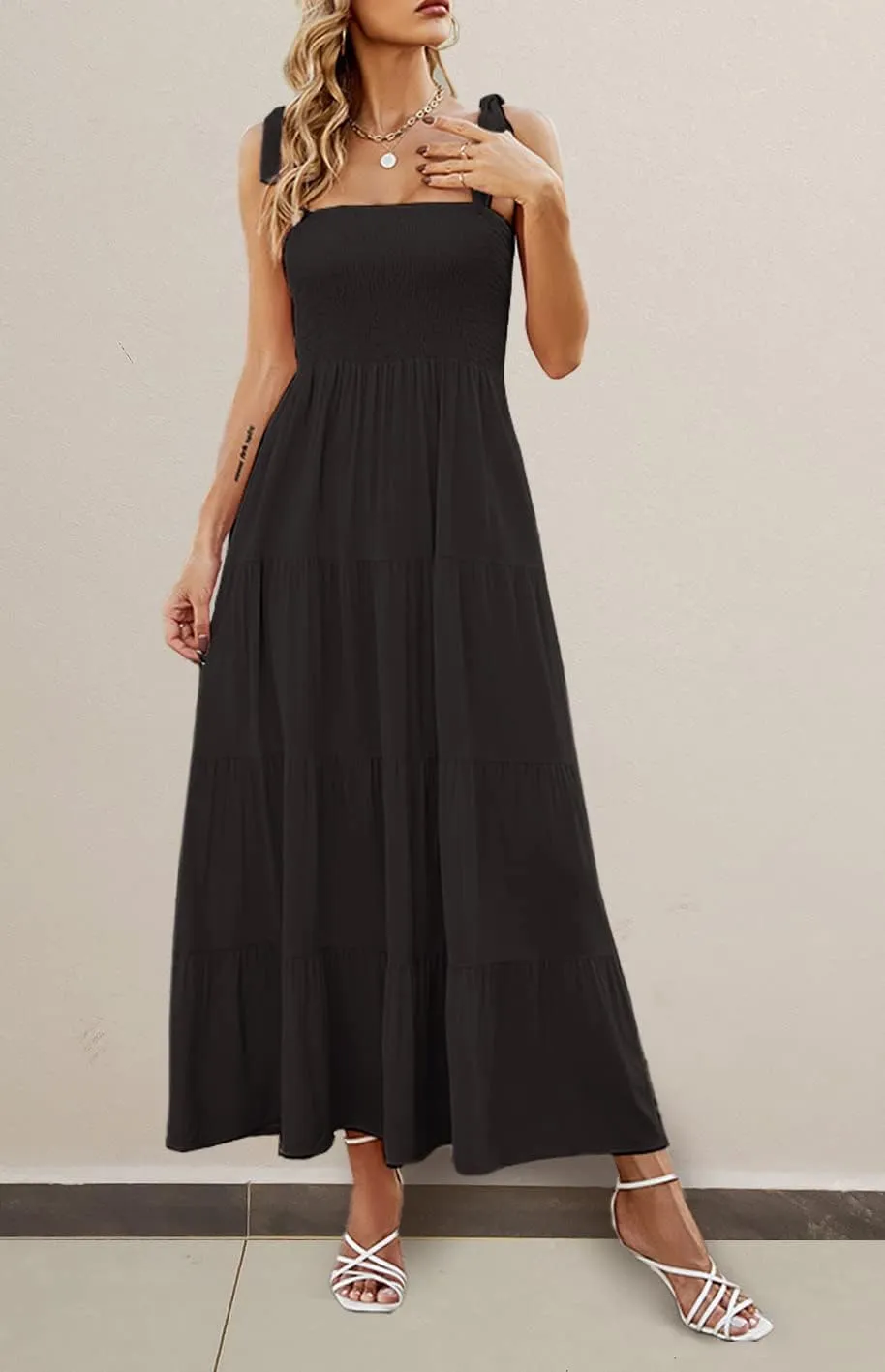Gothden Summer Boho Midi Dress for Women's Square Neck Ruffle Tiered Flowy Smocked Sundress