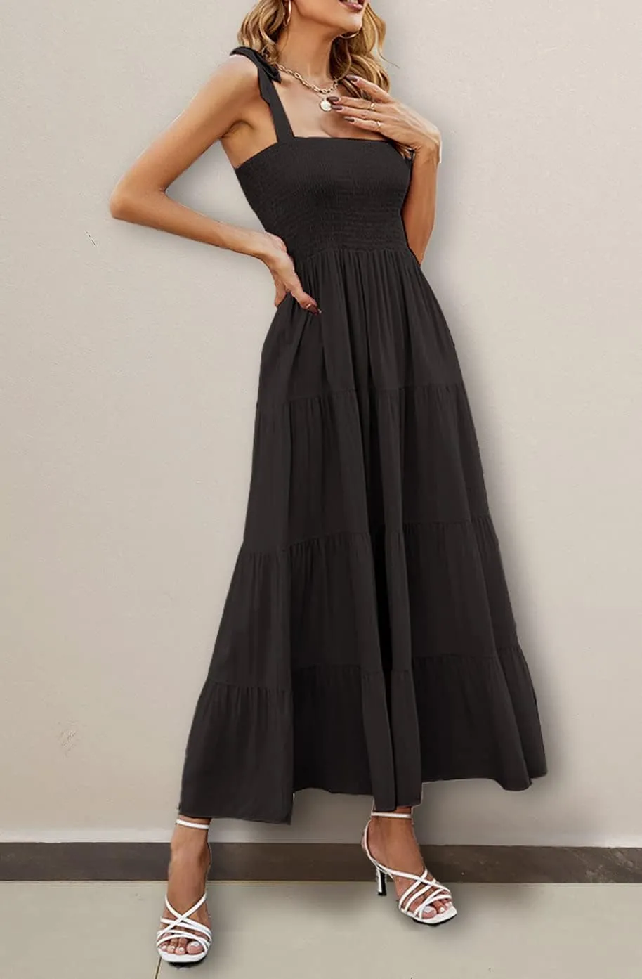 Gothden Summer Boho Midi Dress for Women's Square Neck Ruffle Tiered Flowy Smocked Sundress