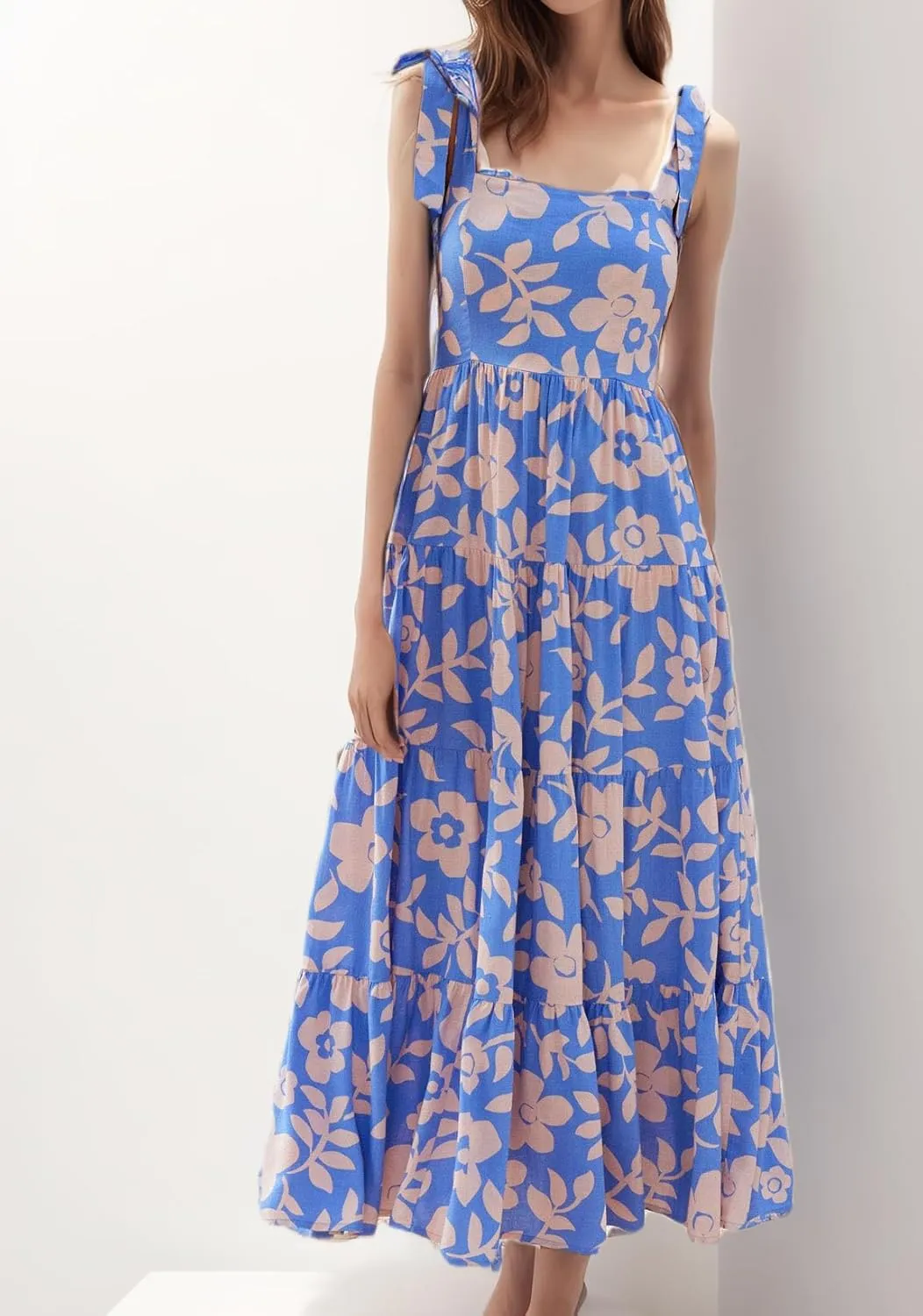 Gothden Summer Boho Midi Dress for Women's Square Neck Ruffle Tiered Flowy Smocked Sundress
