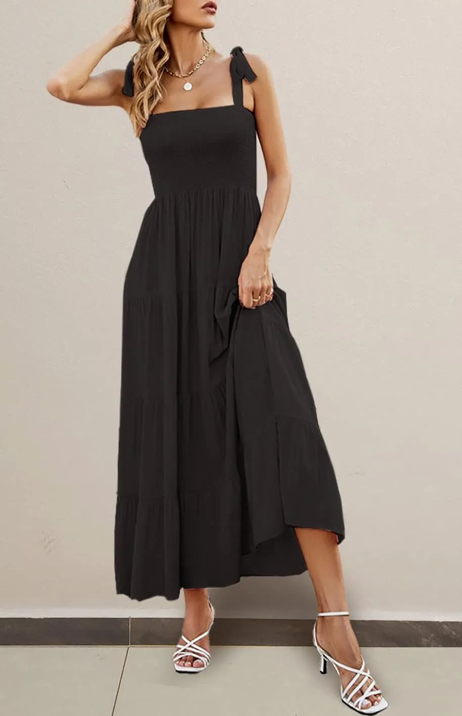 Gothden Summer Boho Midi Dress for Women's Square Neck Ruffle Tiered Flowy Smocked Sundress