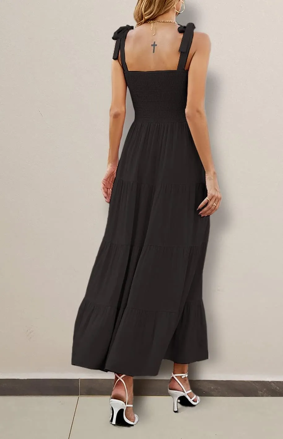 Gothden Summer Boho Midi Dress for Women's Square Neck Ruffle Tiered Flowy Smocked Sundress