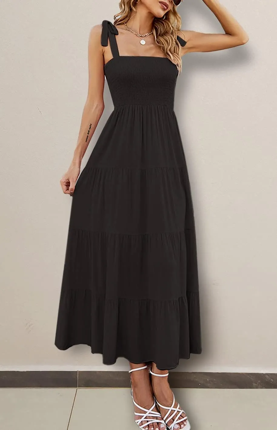 Gothden Summer Boho Midi Dress for Women's Square Neck Ruffle Tiered Flowy Smocked Sundress