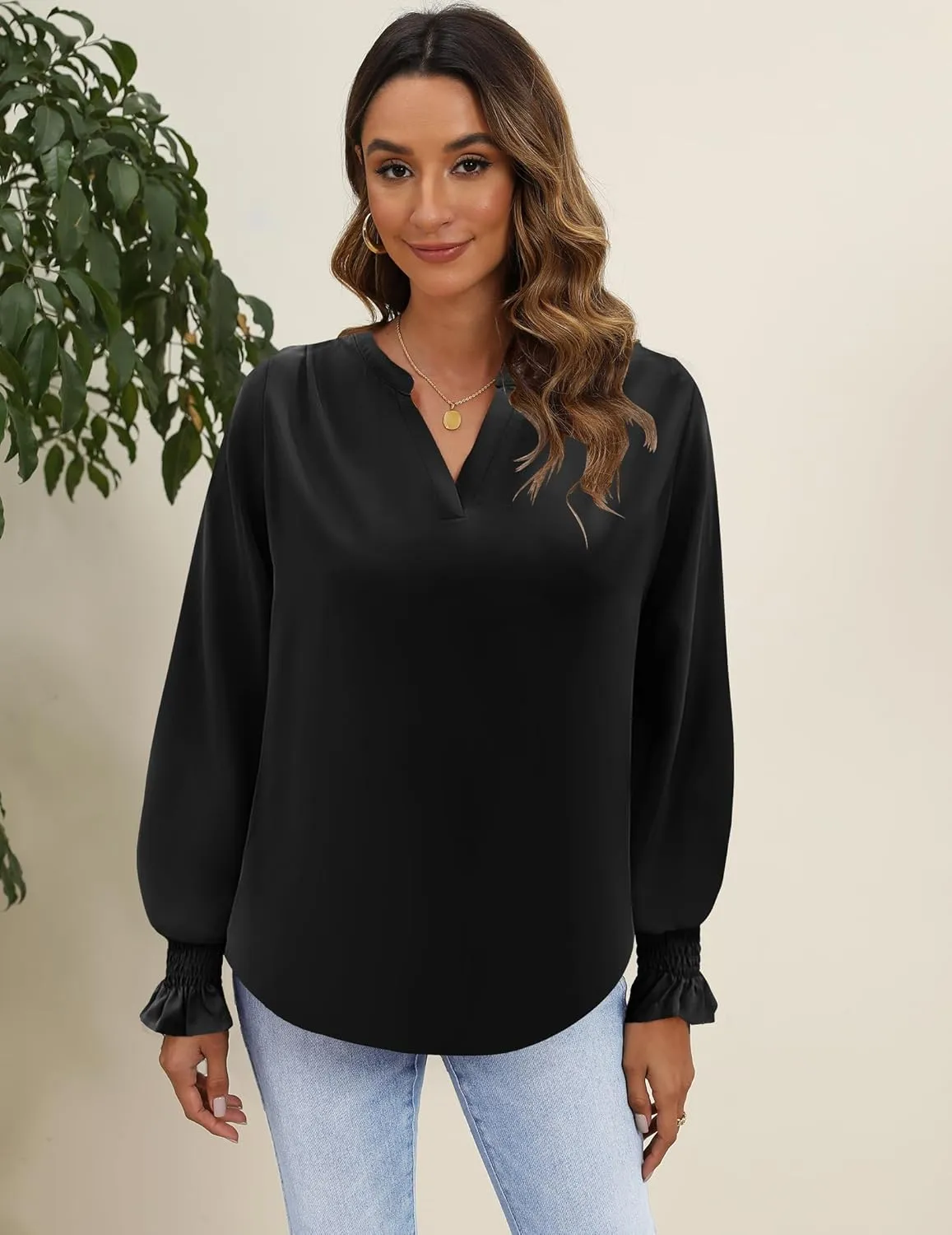 HOTOUCH Women Bohemian V Neck Floral Print Smocked Long Sleeve Casual Tops Chiffon Blouses Boho Shirts