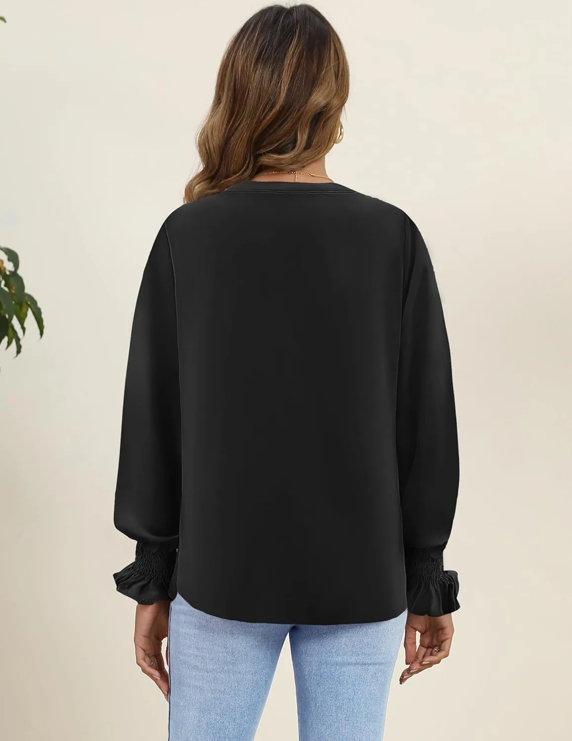 HOTOUCH Women Bohemian V Neck Floral Print Smocked Long Sleeve Casual Tops Chiffon Blouses Boho Shirts