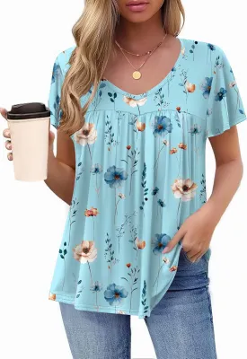 HOTOUCH Womens Ruffle Sleeve Tunic Tops Pleated V Neck Loose Fit Short Sleeve Shirts Summer Floral Casual Boho Blouses