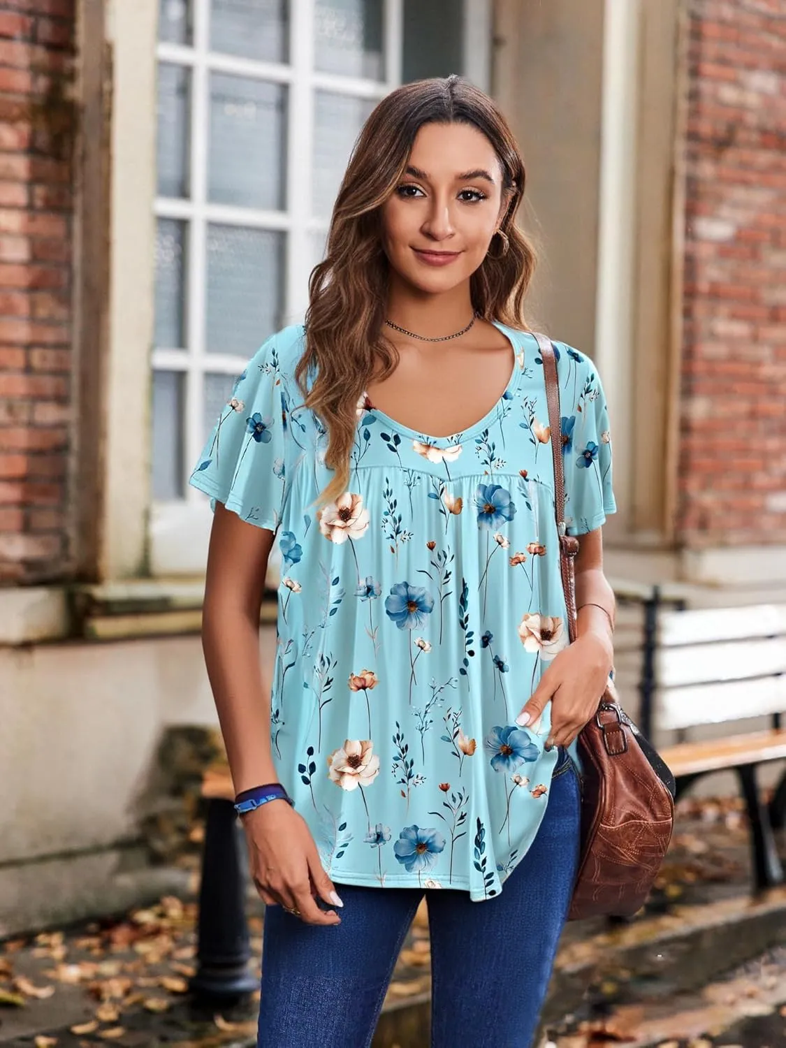 HOTOUCH Womens Ruffle Sleeve Tunic Tops Pleated V Neck Loose Fit Short Sleeve Shirts Summer Floral Casual Boho Blouses