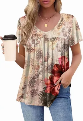 HOTOUCH Womens Short Sleeve Tunic Tops V Neck Loose Fit Ruffle Sleeve Shirts Summer Floral Dressy Casual Boho Blouses