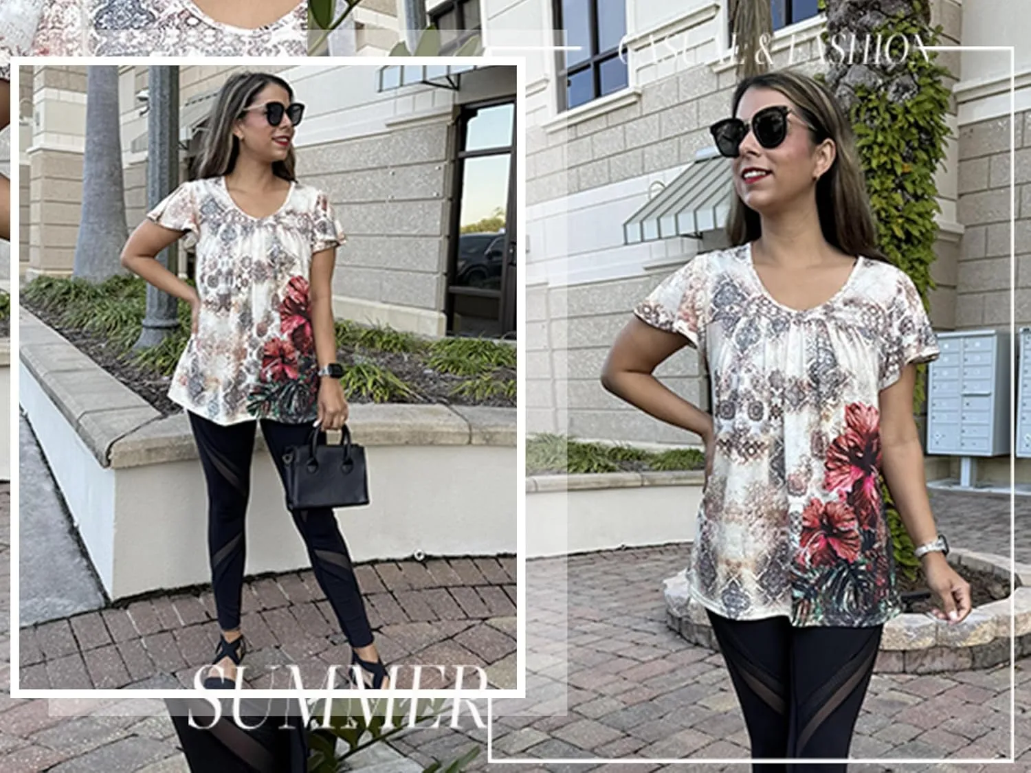 HOTOUCH Womens Short Sleeve Tunic Tops V Neck Loose Fit Ruffle Sleeve Shirts Summer Floral Dressy Casual Boho Blouses