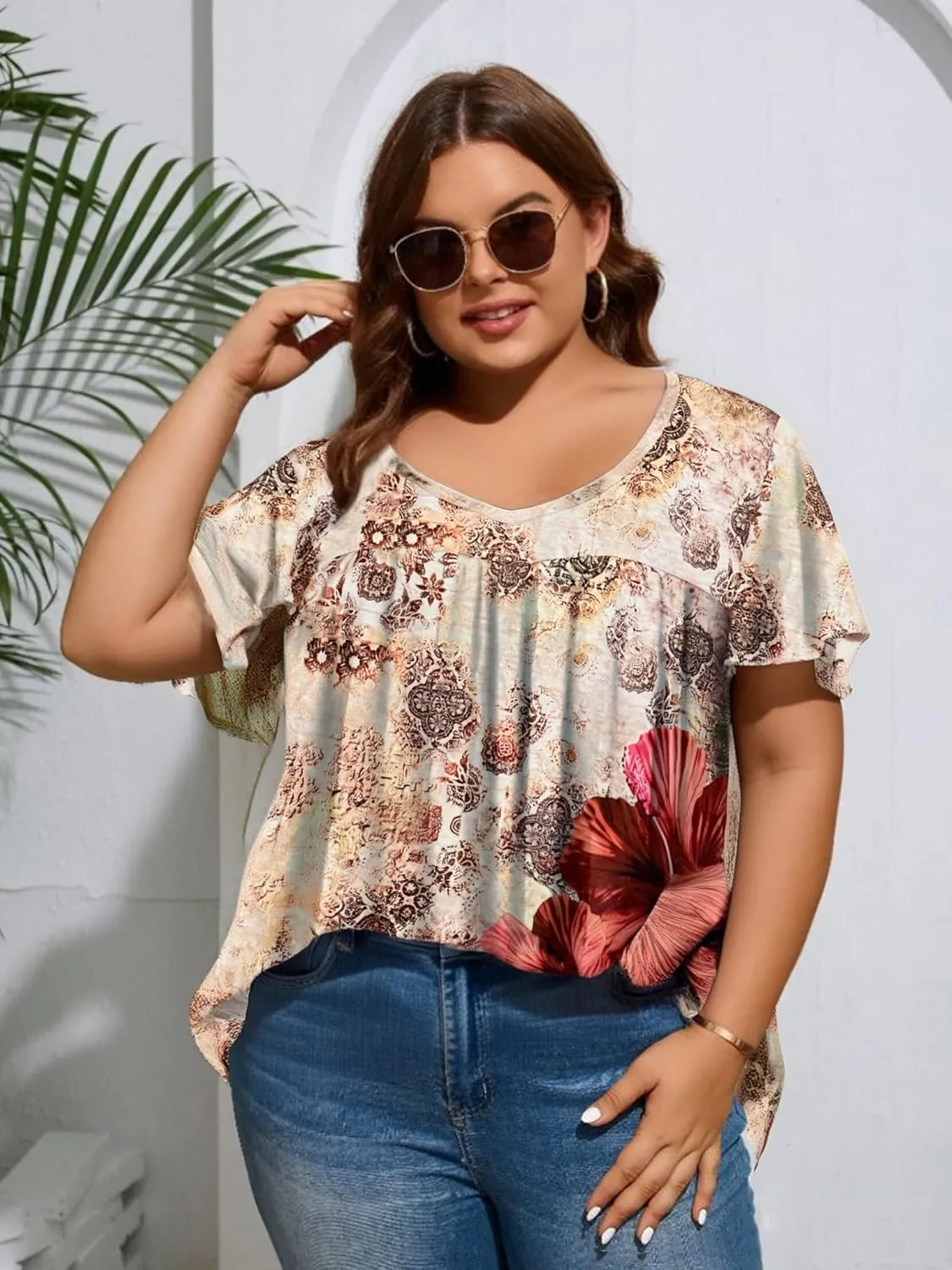 HOTOUCH Womens Short Sleeve Tunic Tops V Neck Loose Fit Ruffle Sleeve Shirts Summer Floral Dressy Casual Boho Blouses