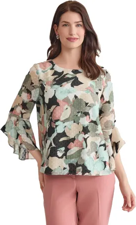 Kasper Women's Ruffle Sleeve Printed Chiffon Top