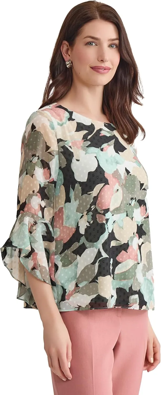 Kasper Women's Ruffle Sleeve Printed Chiffon Top
