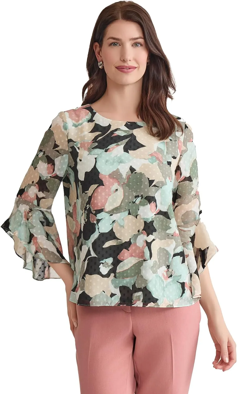 Kasper Women's Ruffle Sleeve Printed Chiffon Top