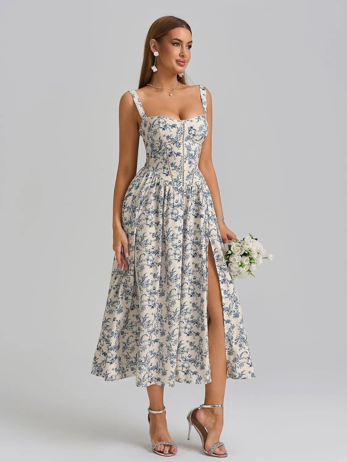 KUTUMAI Floral Corset Midi Dress Flowy Slit Summer Spring Wedding Guest Dresses for Women Sundress with Pockets