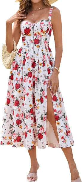 KUTUMAI Floral Corset Midi Dress Flowy Slit Summer Spring Wedding Guest Dresses for Women Sundress with Pockets