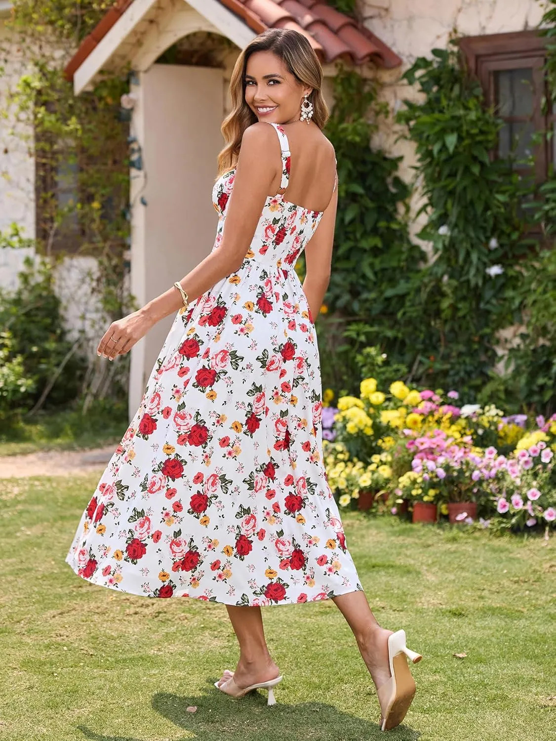 KUTUMAI Floral Corset Midi Dress Flowy Slit Summer Spring Wedding Guest Dresses for Women Sundress with Pockets