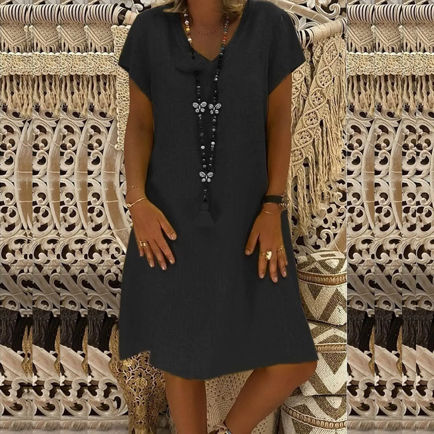 Linen Summer Dresses for Women Loose Size Short Sleeve Boho Midi Sundresses Cotton V Neck Basic Casual Outfits