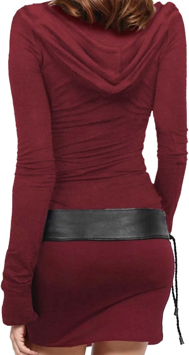 Long Sleeve Bodycon Dress for Women Steampunk Hoodie Sweatshirt Dresses Vintage Gothic Party Hooded Wrap Mini Dress