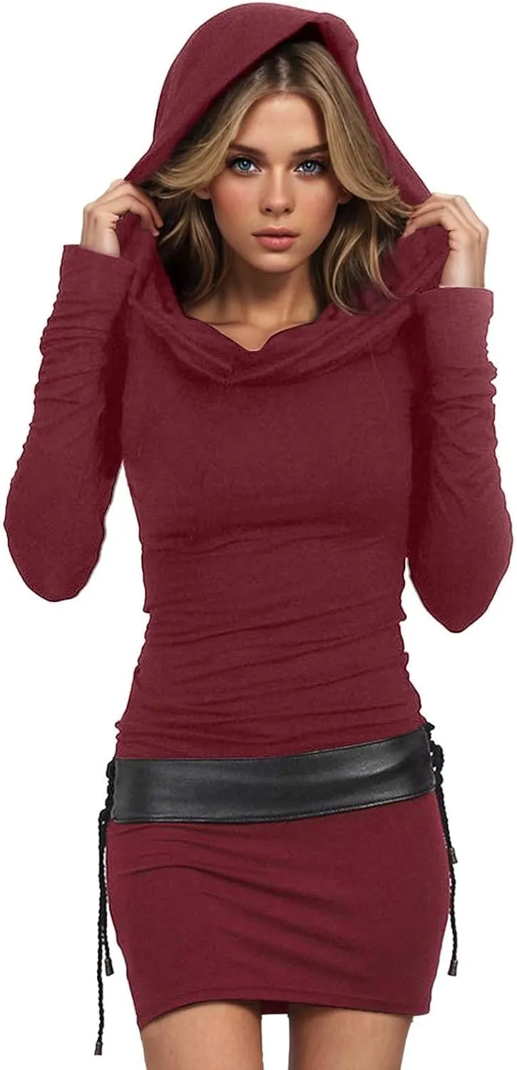Long Sleeve Bodycon Dress for Women Steampunk Hoodie Sweatshirt Dresses Vintage Gothic Party Hooded Wrap Mini Dress
