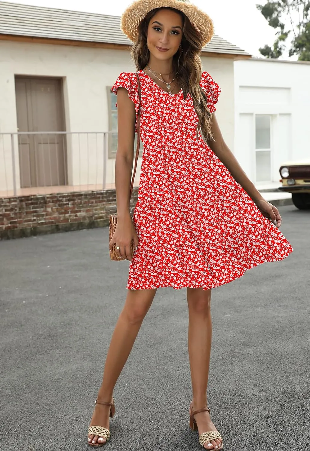 Lyrur Sundresses for Women Wedding Guest Cute Ruffle Sleeve Mini Tiered Babydoll Casual Beach Black Summer Dresses