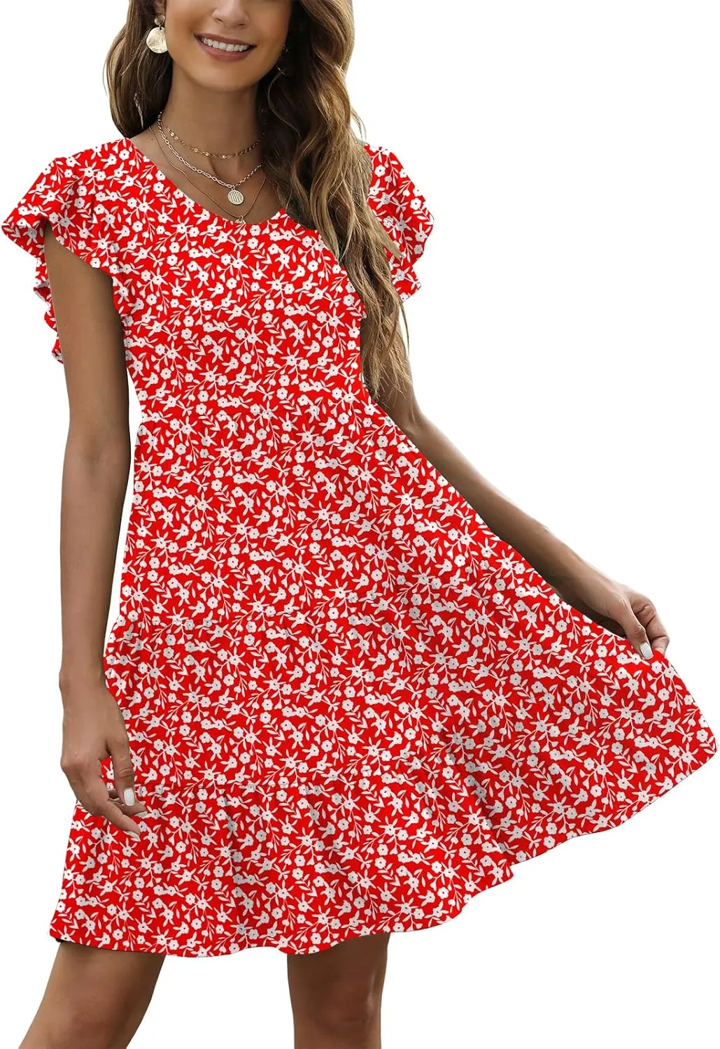 Lyrur Sundresses for Women Wedding Guest Cute Ruffle Sleeve Mini Tiered Babydoll Casual Beach Black Summer Dresses