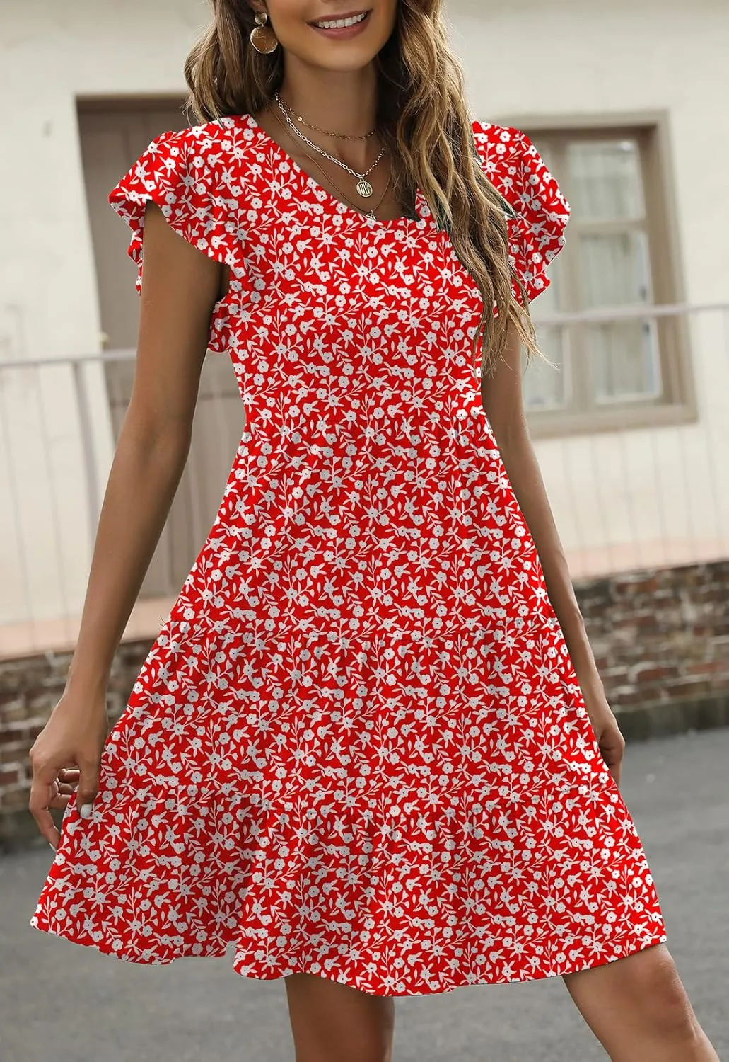 Lyrur Sundresses for Women Wedding Guest Cute Ruffle Sleeve Mini Tiered Babydoll Casual Beach Black Summer Dresses