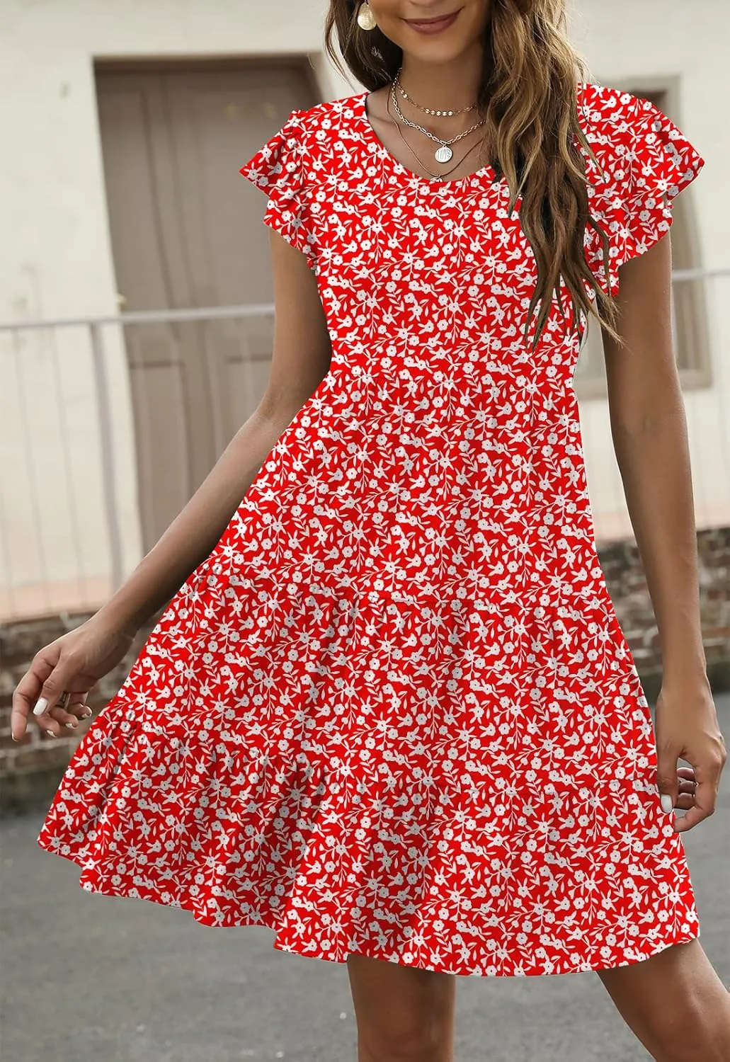 Lyrur Sundresses for Women Wedding Guest Cute Ruffle Sleeve Mini Tiered Babydoll Casual Beach Black Summer Dresses