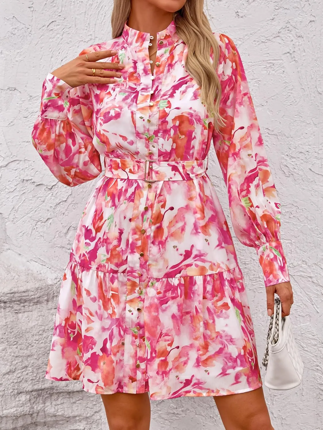 MASCOMODA Fall Dresses for Women 2024 Elegant Long Sleeve Button Short Floral Dress Chiffon A-Line Tie Waist Flowy Mini Dress