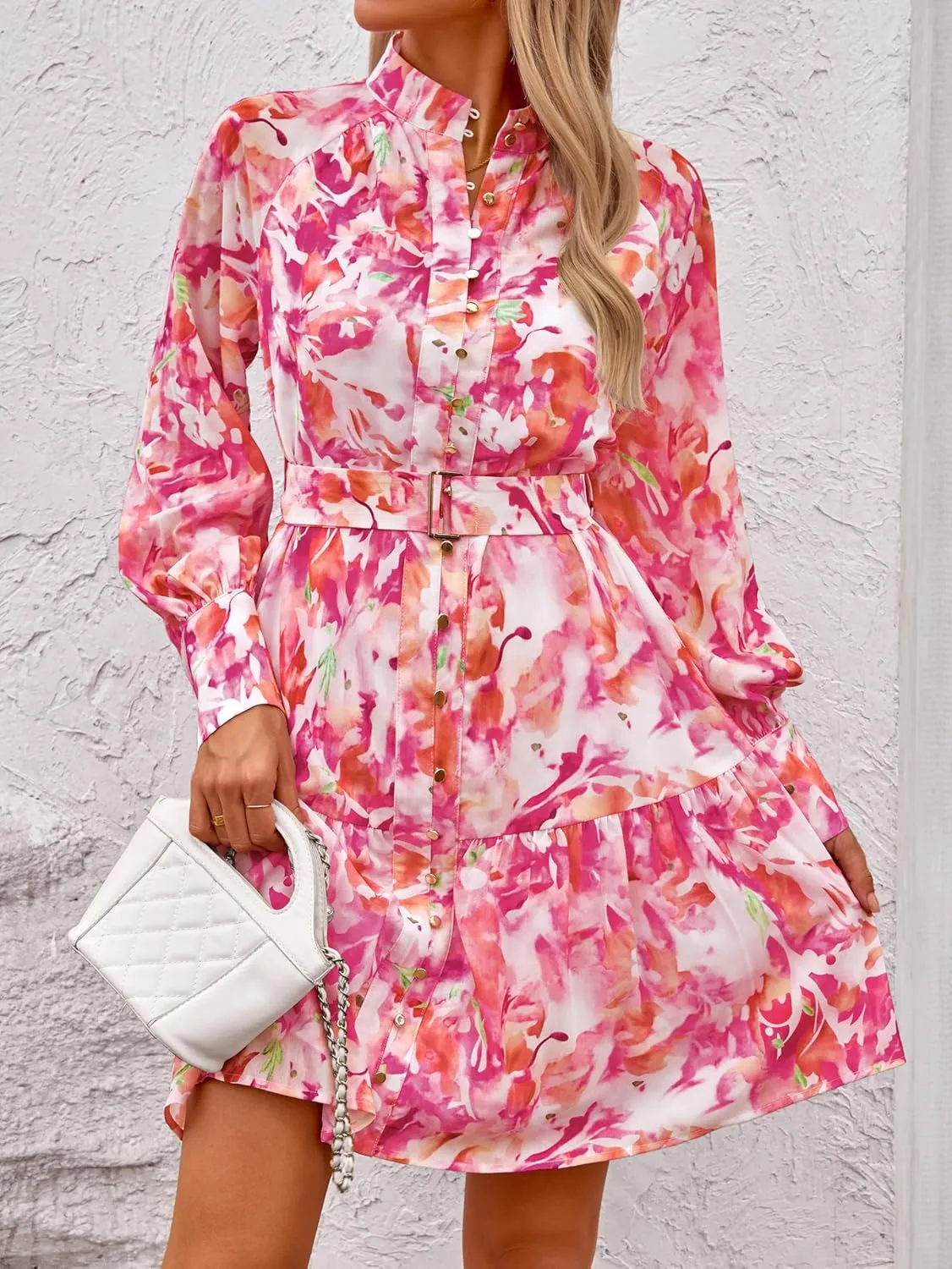 MASCOMODA Fall Dresses for Women 2024 Elegant Long Sleeve Button Short Floral Dress Chiffon A-Line Tie Waist Flowy Mini Dress
