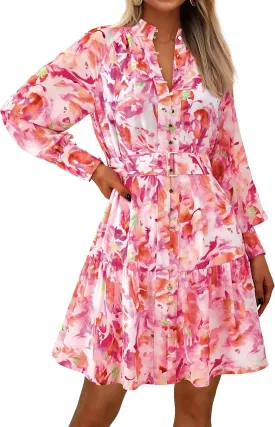 MASCOMODA Fall Dresses for Women 2024 Elegant Long Sleeve Button Short Floral Dress Chiffon A-Line Tie Waist Flowy Mini Dress