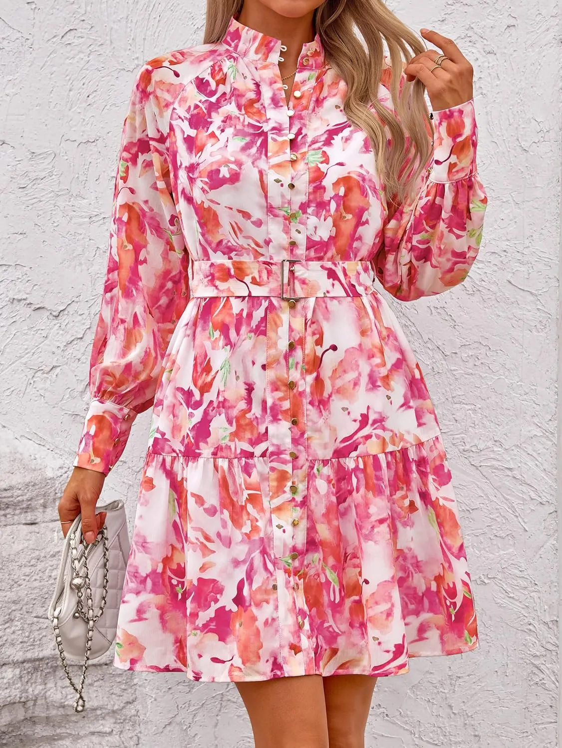 MASCOMODA Fall Dresses for Women 2024 Elegant Long Sleeve Button Short Floral Dress Chiffon A-Line Tie Waist Flowy Mini Dress