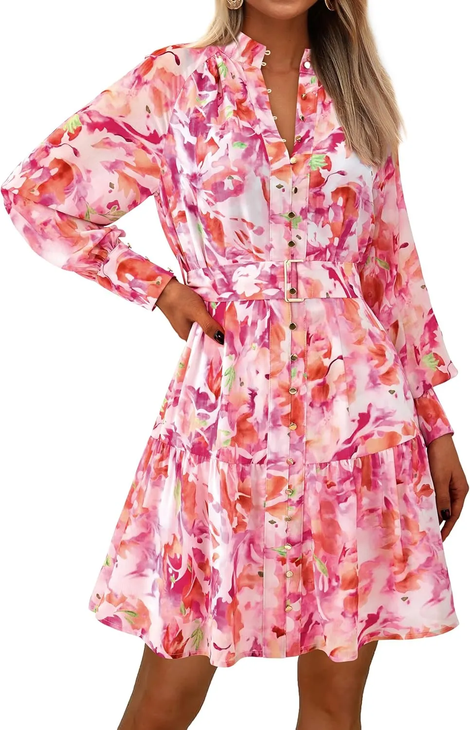 MASCOMODA Fall Dresses for Women 2024 Elegant Long Sleeve Button Short Floral Dress Chiffon A-Line Tie Waist Flowy Mini Dress