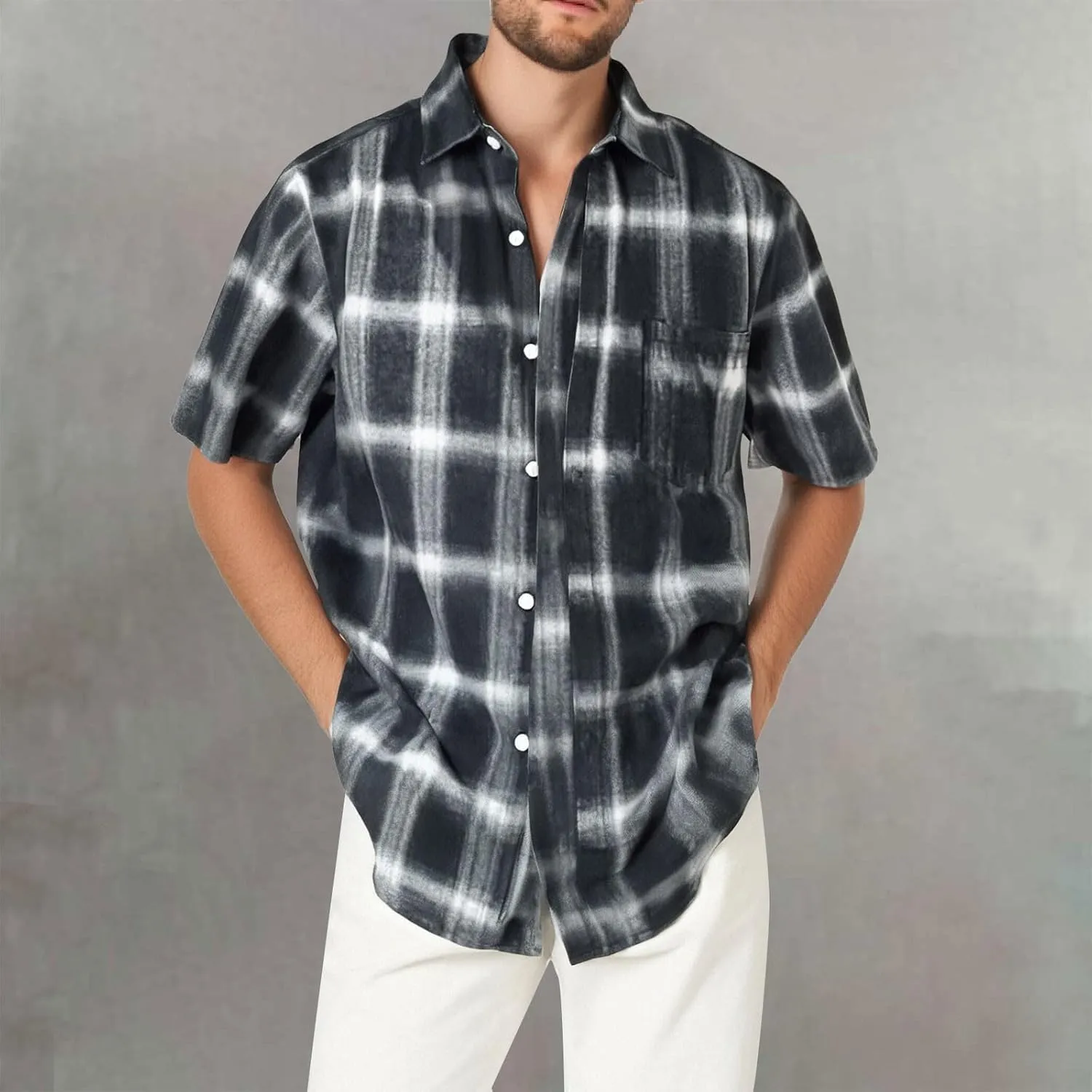 Mens Casual Checked Plaid Button Down T-Shirt Fashion Short Sleeve Work Travel Tops Lightweight Cotton Running Tops