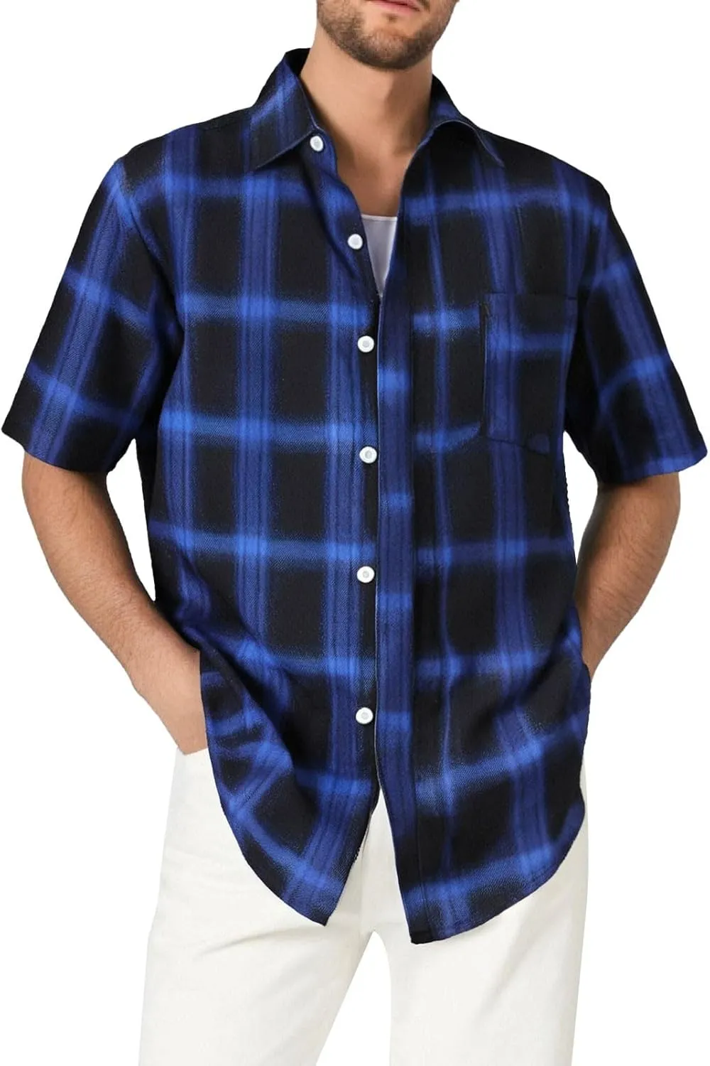 Mens Casual Checked Plaid Button Down T-Shirt Fashion Short Sleeve Work Travel Tops Lightweight Cotton Running Tops