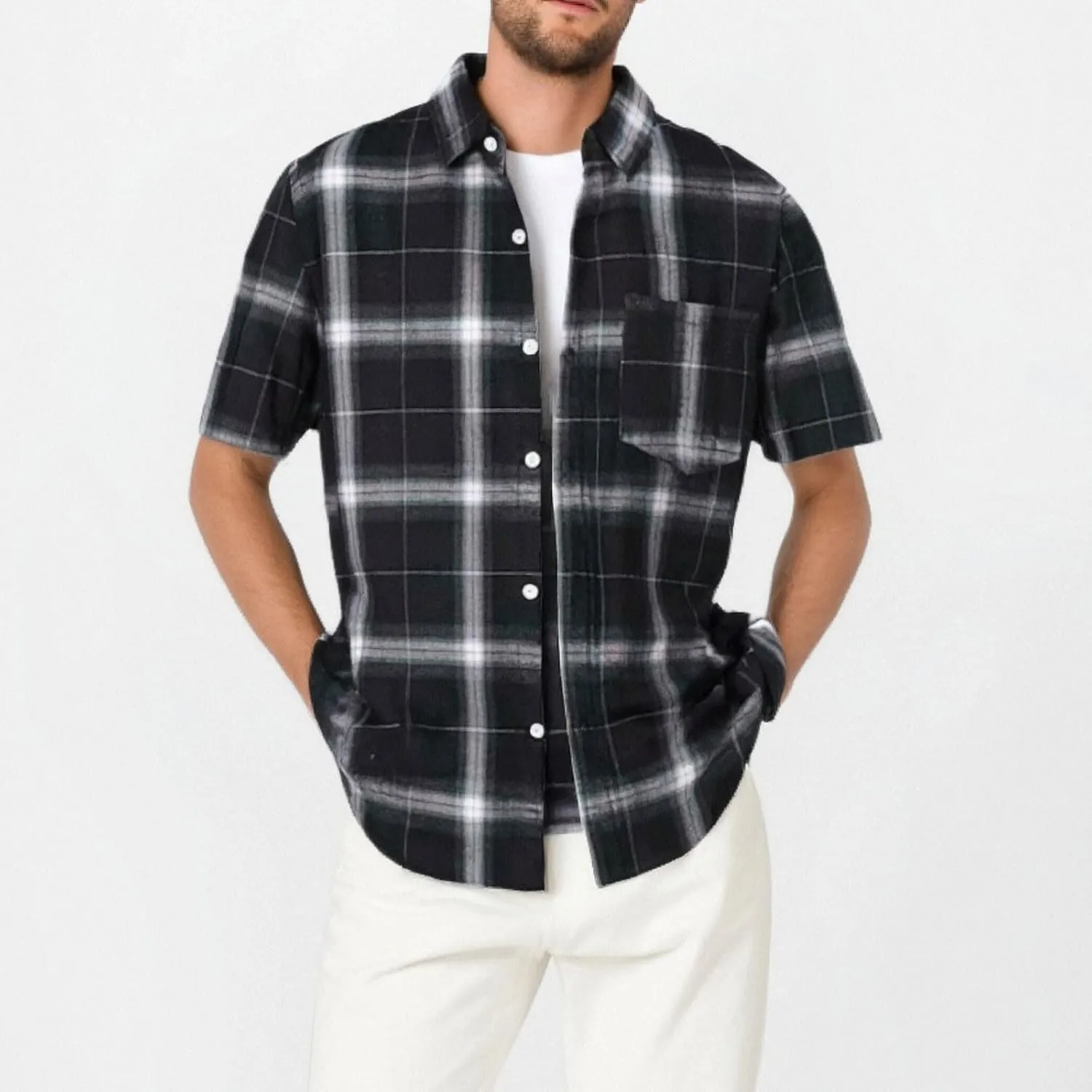 Mens Casual Checked Plaid Button Down T-Shirt Fashion Short Sleeve Work Travel Tops Lightweight Cotton Running Tops