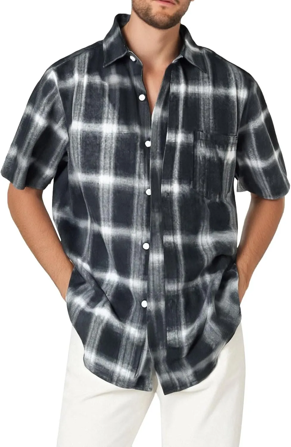 Mens Casual Checked Plaid Button Down T-Shirt Fashion Short Sleeve Work Travel Tops Lightweight Cotton Running Tops