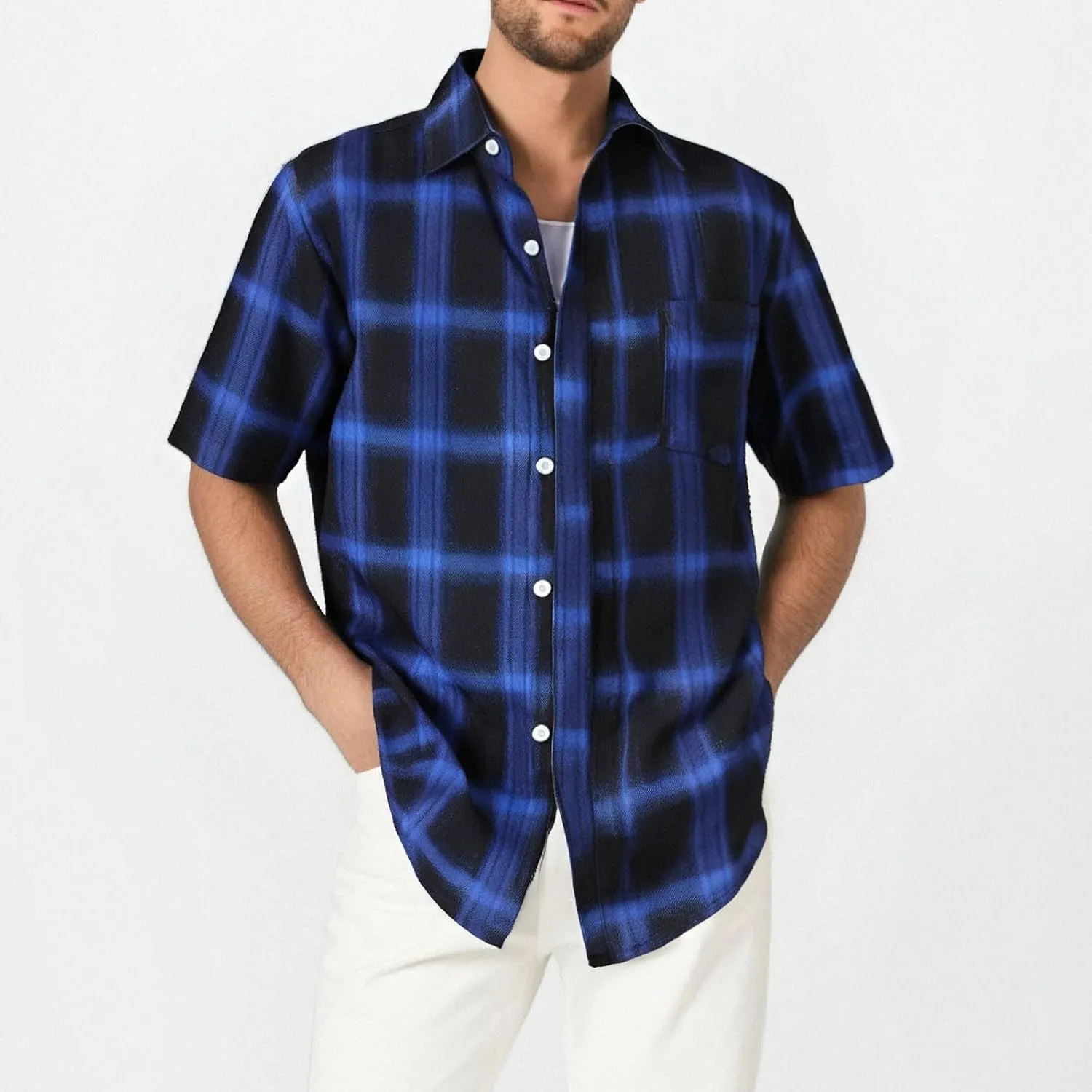Mens Casual Checked Plaid Button Down T-Shirt Fashion Short Sleeve Work Travel Tops Lightweight Cotton Running Tops