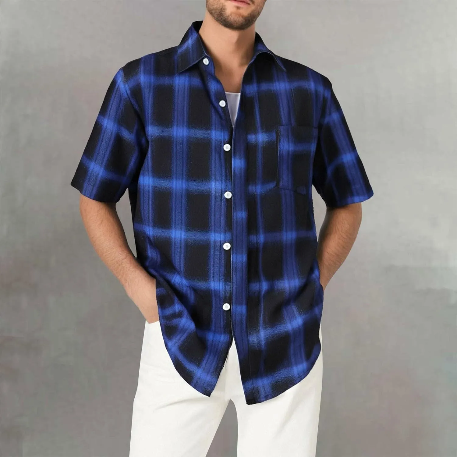 Mens Casual Checked Plaid Button Down T-Shirt Fashion Short Sleeve Work Travel Tops Lightweight Cotton Running Tops