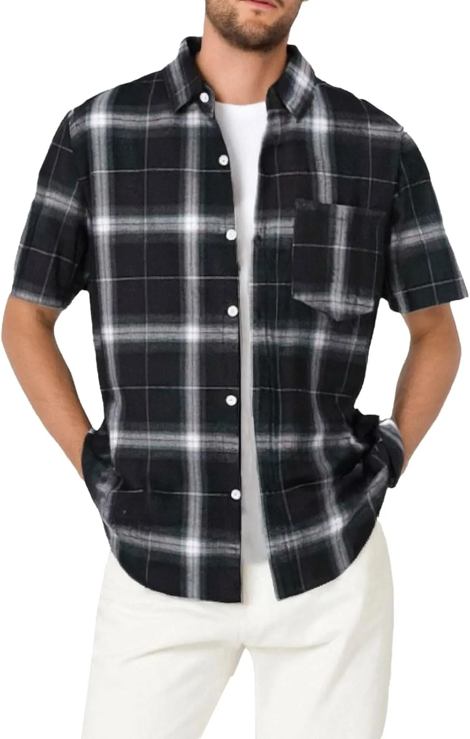 Mens Casual Checked Plaid Button Down T-Shirt Fashion Short Sleeve Work Travel Tops Lightweight Cotton Running Tops