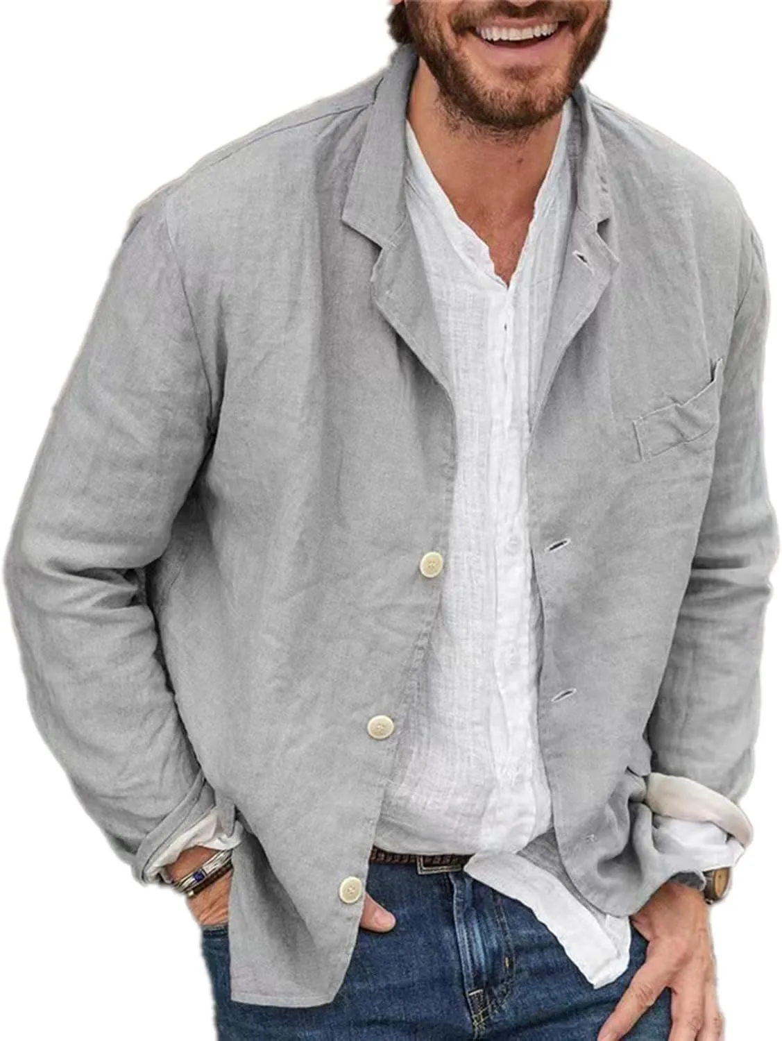 Men's Cotton and Linen Casual Blazer Jacket Regular Fit Lightweight Summer Tops